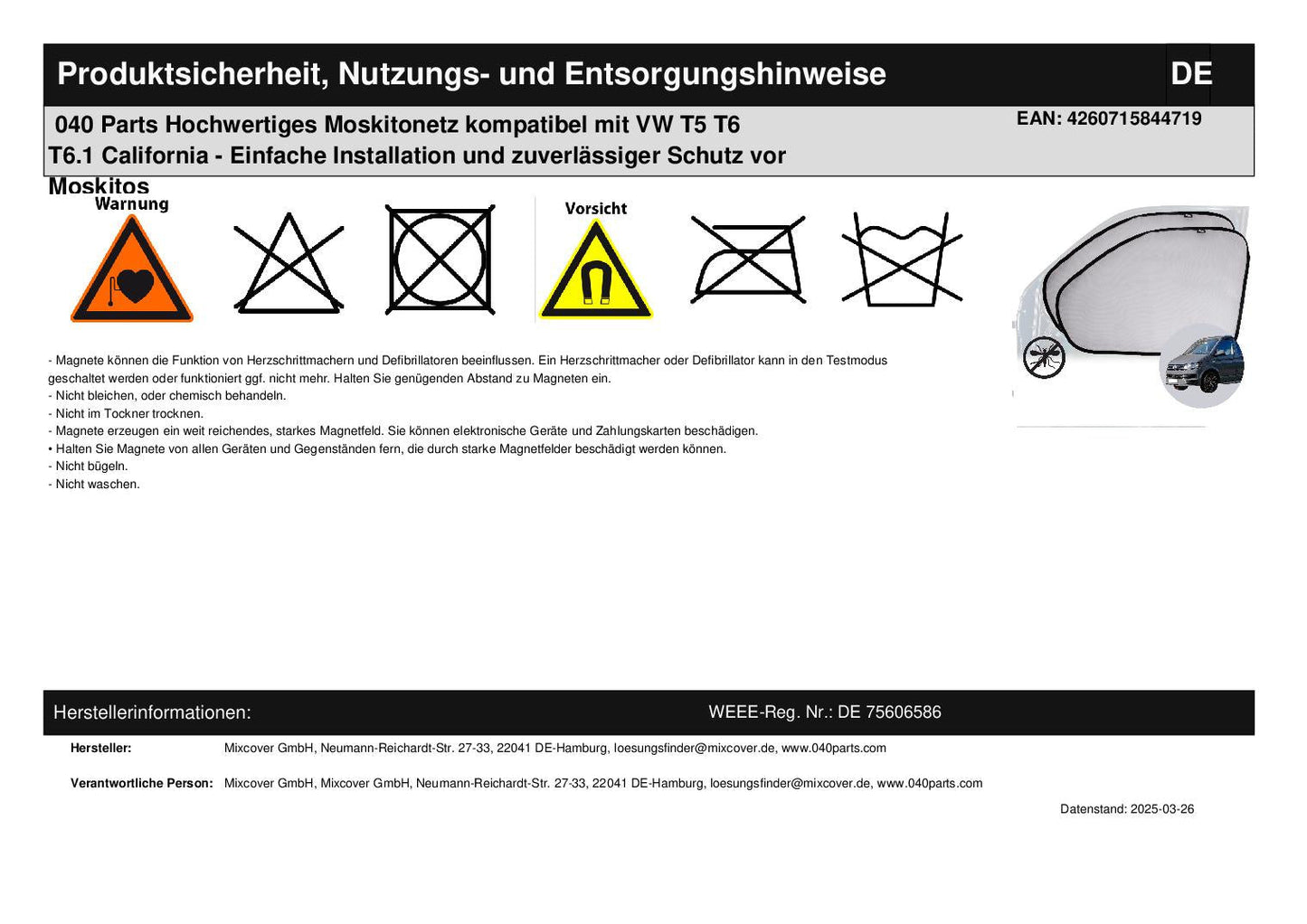 040 Parts Hochwertiges Moskitonetz kompatibel mit VW T5 T6 T6.1 California - Einfache Installation und zuverlässiger Schutz vor Moskitos - 040parts - 4260715844719