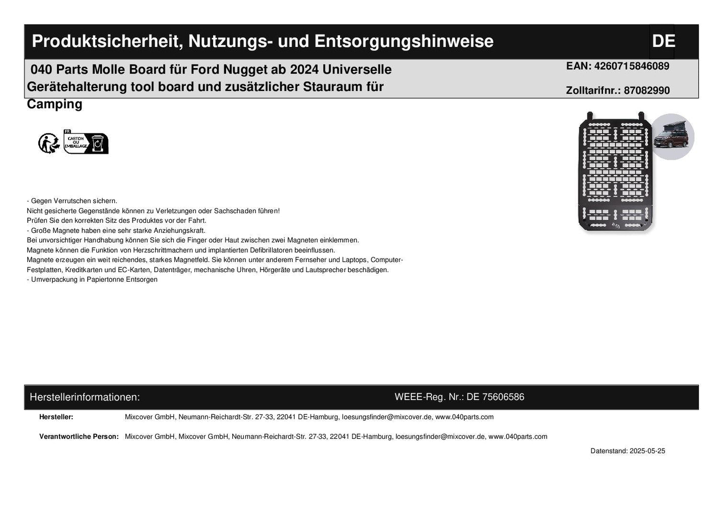 040 Parts Molle Board für Ford Nugget ab 2024 Universelle Gerätehalterung tool board und zusätzlicher Stauraum für Camping - 040parts - 4260715846089