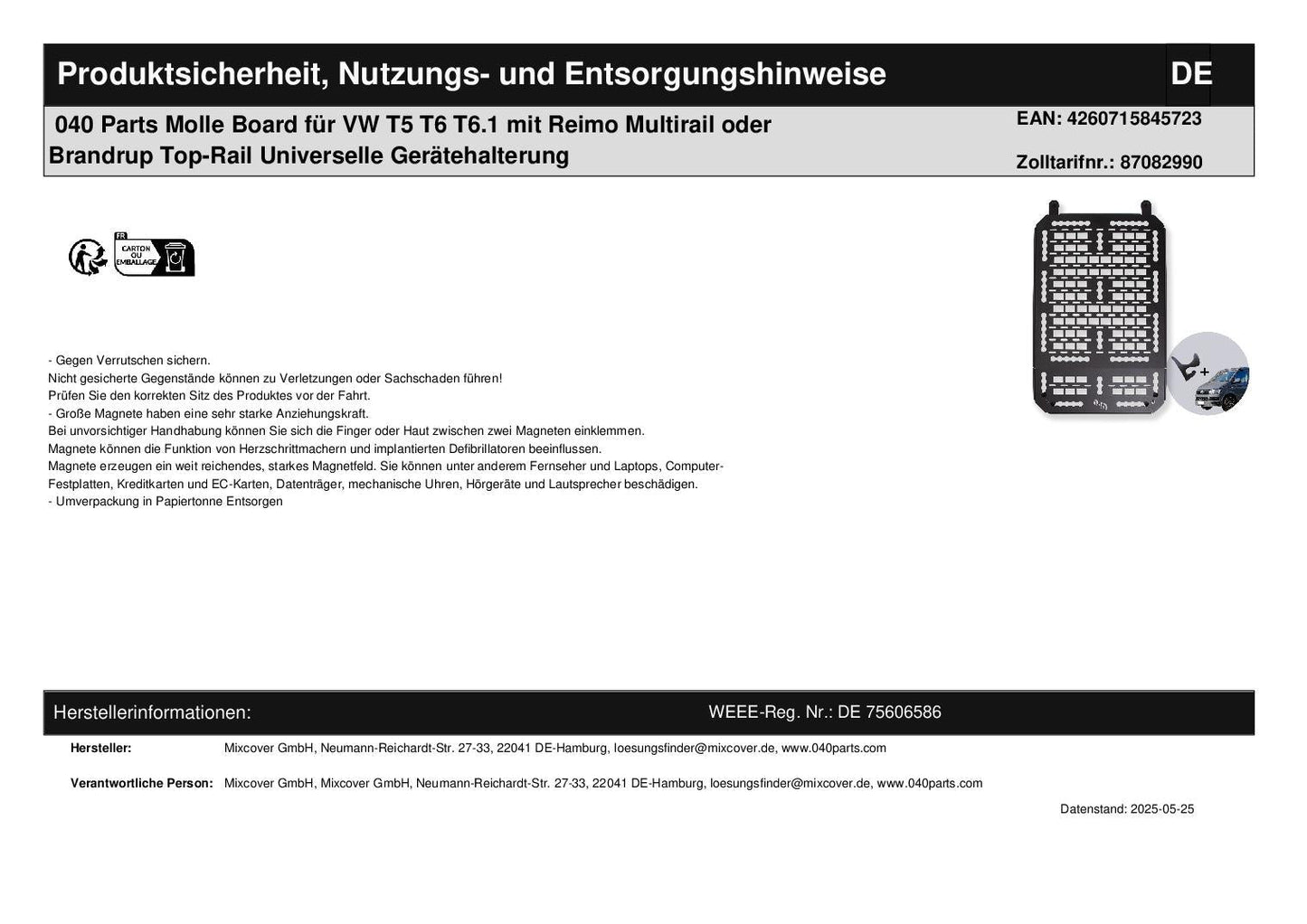 040 Parts Molle Board für VW T5 T6 T6.1 mit Reimo Multirail oder Brandrup Top - Rail Universelle Gerätehalterung - 040parts - 4260715845723