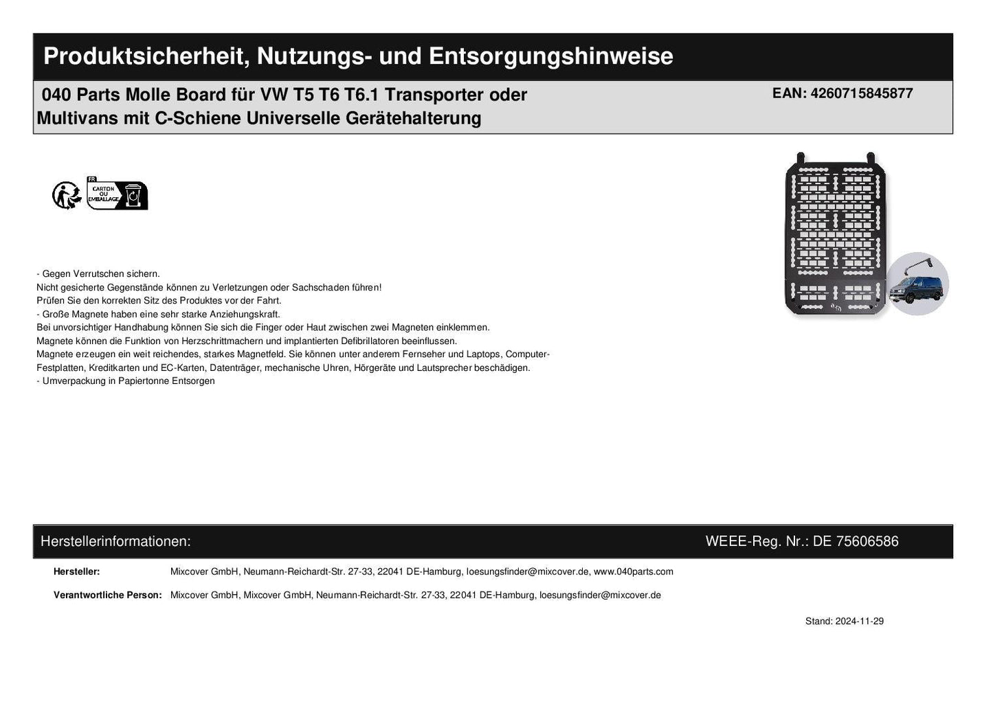 040 Parts Molle Board für VW T5 T6 T6.1 Transporter oder Multivans mit C - Schiene Universelle Gerätehalterung - 040parts - 4260715845877