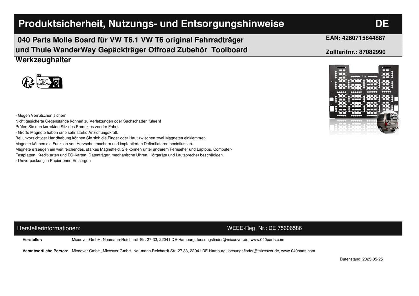 040 Parts Molle Board für VW T6.1 VW T6 original Fahrradträger und Thule WanderWay Gepäckträger Offroad Zubehör Toolboard Werkzeughalter - 040parts - 4260715844887