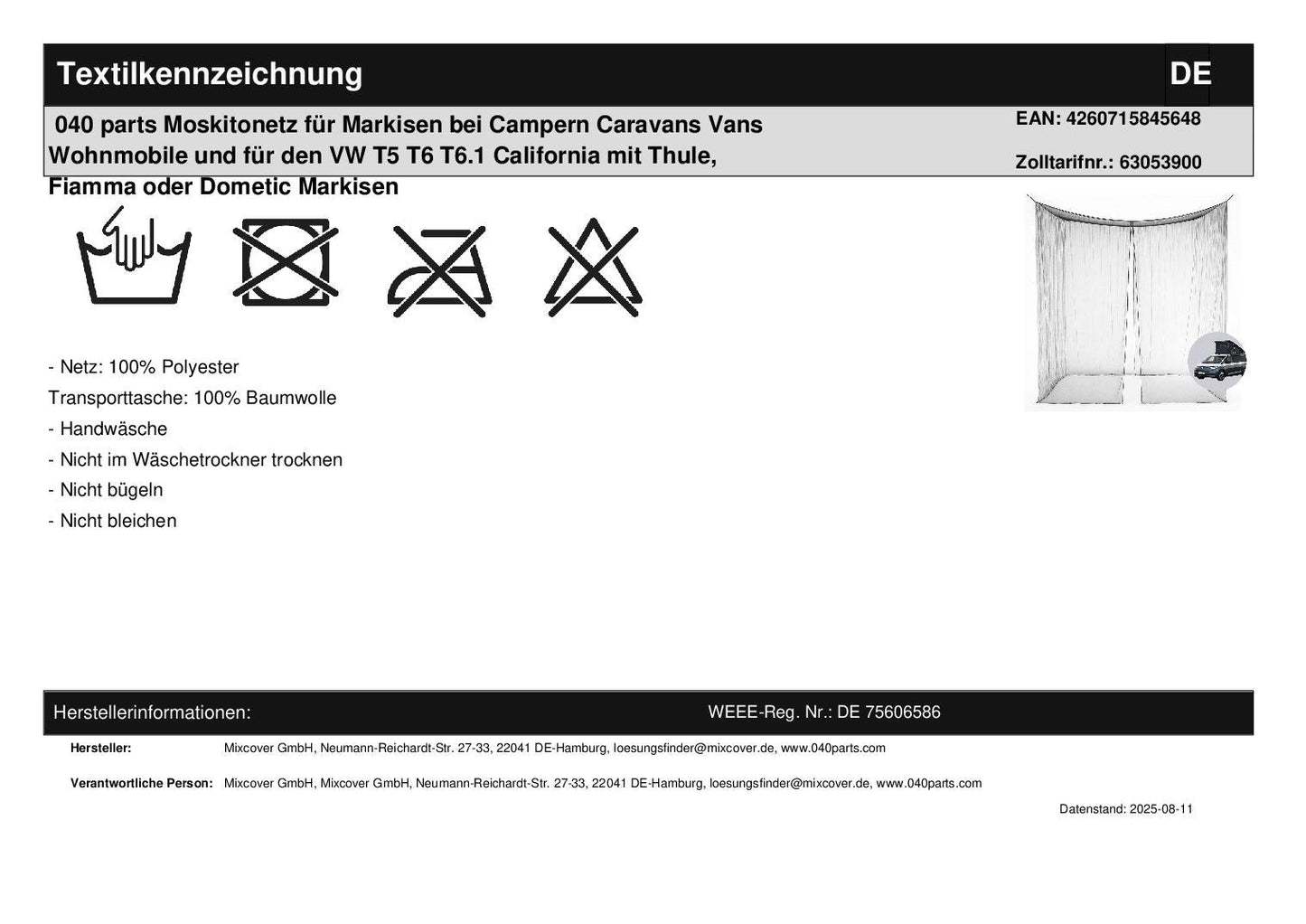 040 parts Moskitonetz für Markisen bei Campern Caravans Vans Wohnmobile und für den VW T5 T6 T6.1 California mit Thule, Fiamma oder Dometic Markisen - 040parts - 4260715845648
