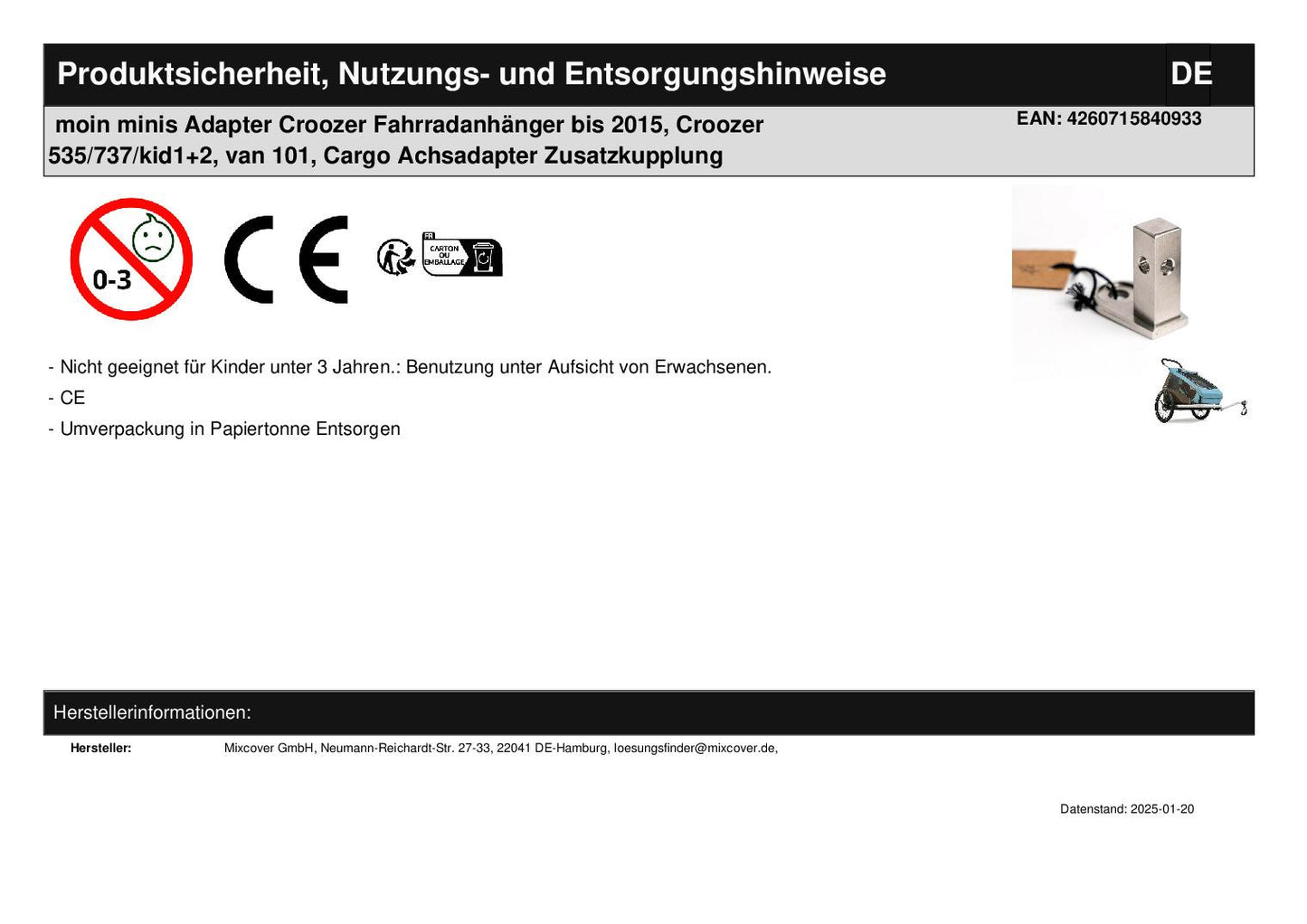 moin minis Adaptateur Croozer remorque vélo jusqu'en 2015, Croozer 535/737/kid1+2, van 101, adaptateur d'essieu Cargo, attelage supplémentaire