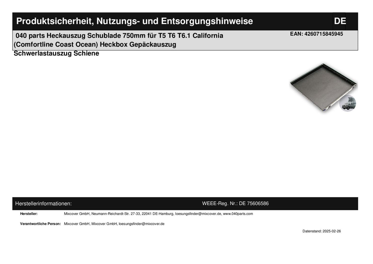 040 parts classic rear pull-out drawer 750mm for T5 T6 T6.1 California (Comfortline Coast Ocean) rear box luggage pull-out heavy-duty pull-out rail