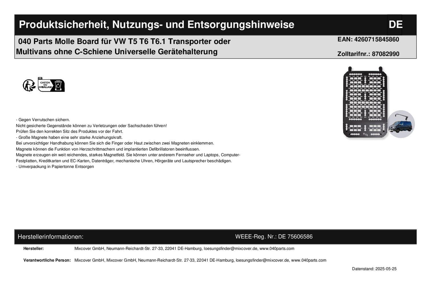 040 Parts planche Molle pour VW T5 T6 T6.1 Transporter ou Multivans sans rail en C Support universel pour appareils