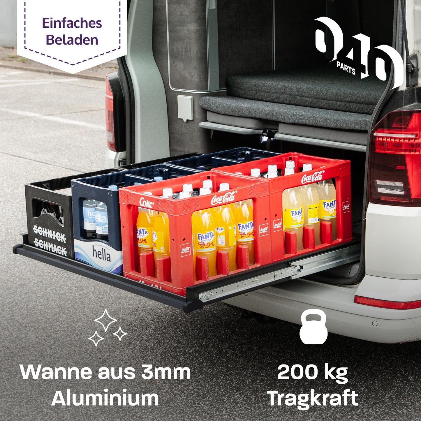 B-Ware: 040 parts Einhand Heckauszug Schublade 800mm für T5 T6 T6.1 California (Comfortline Coast Ocean) Heckbox Gepäckauszug Schwerlastausz