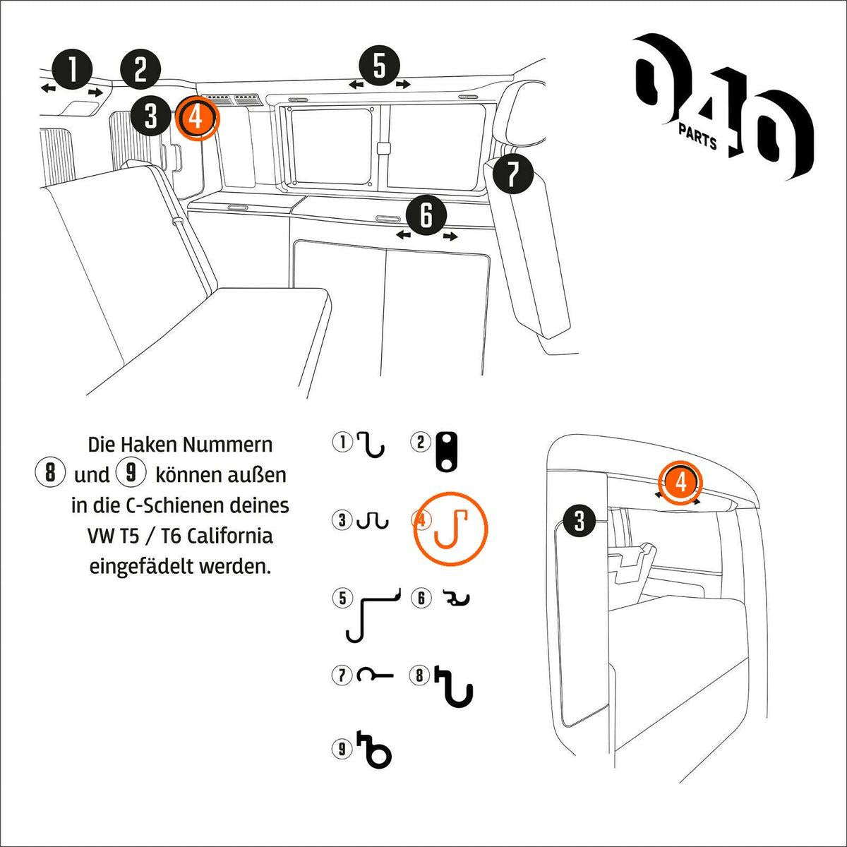 040 Parts Einzelhaken Nr. 4 für VW California T5 T6 T6.1 T7 Camper - Ersatzhaken Zubehör Tasche Karabiner Schlüsselbund