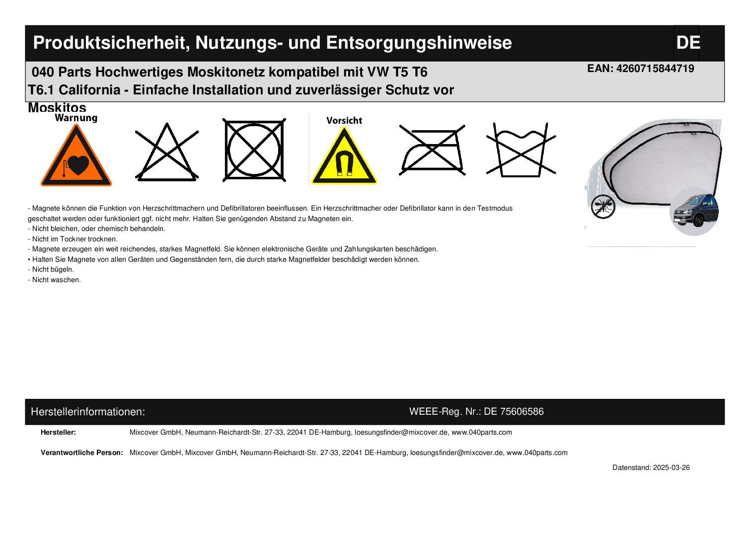 040 Parts Hochwertiges Moskitonetz kompatibel mit VW T5 T6 T6.1 California - Einfache Installation und zuverlässiger Schutz vor Moskitos - 040parts - 4260715844719