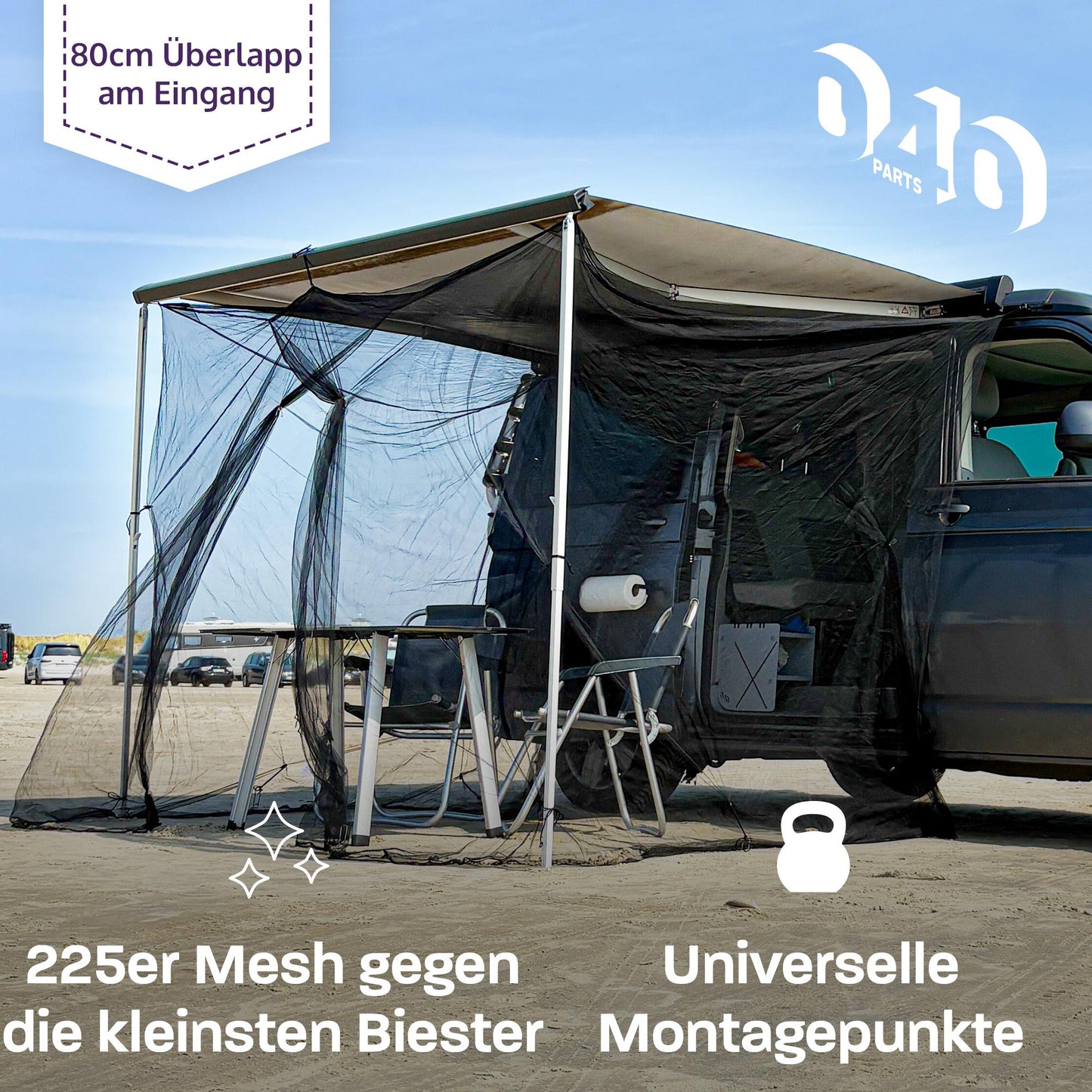 040 parts Moskitonetz für Markisen bei Campern Caravans Vans Wohnmobile und für den VW T5 T6 T6.1 California mit Thule, Fiamma oder Dometic Markisen - 040parts - 4260715845648