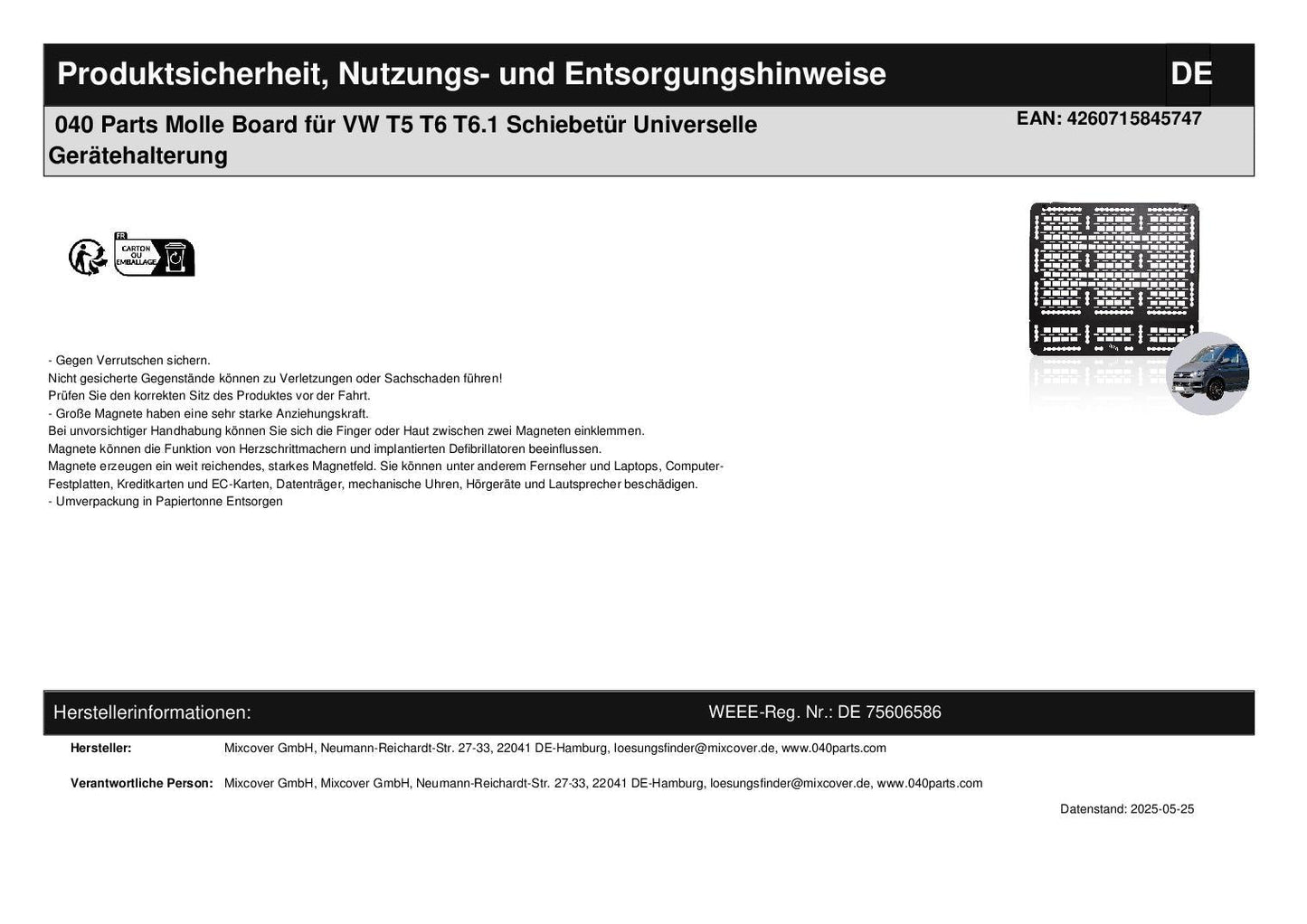 040 Parts Schiebetür Molle Board für VW T5 T6 T6.1 Mercedes Marco Polo Ford Tourneo Custom Nugget etc - 040parts - 4260715845747