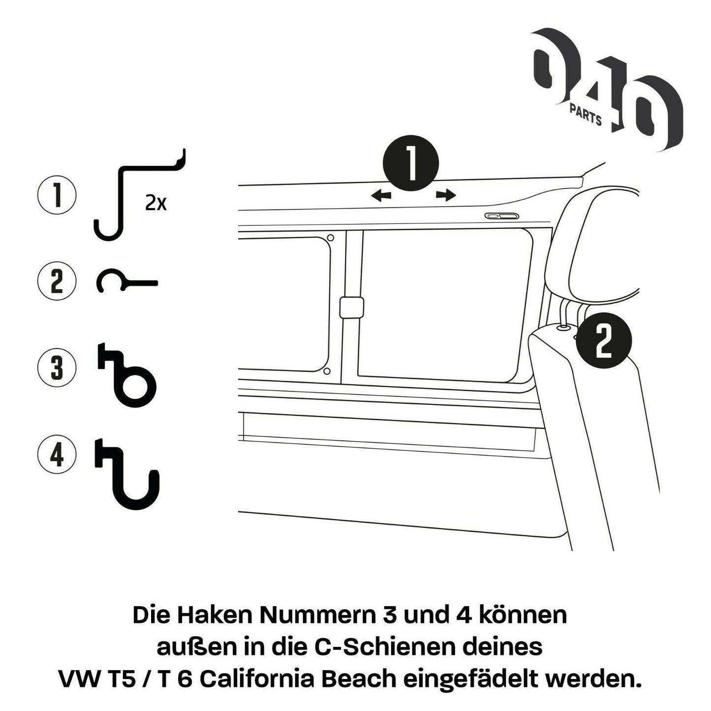 040Parts 5er Haken Set passend für VW T5 T6 T6.1 California Beach Bulli Camper - 040parts - 4260715840865