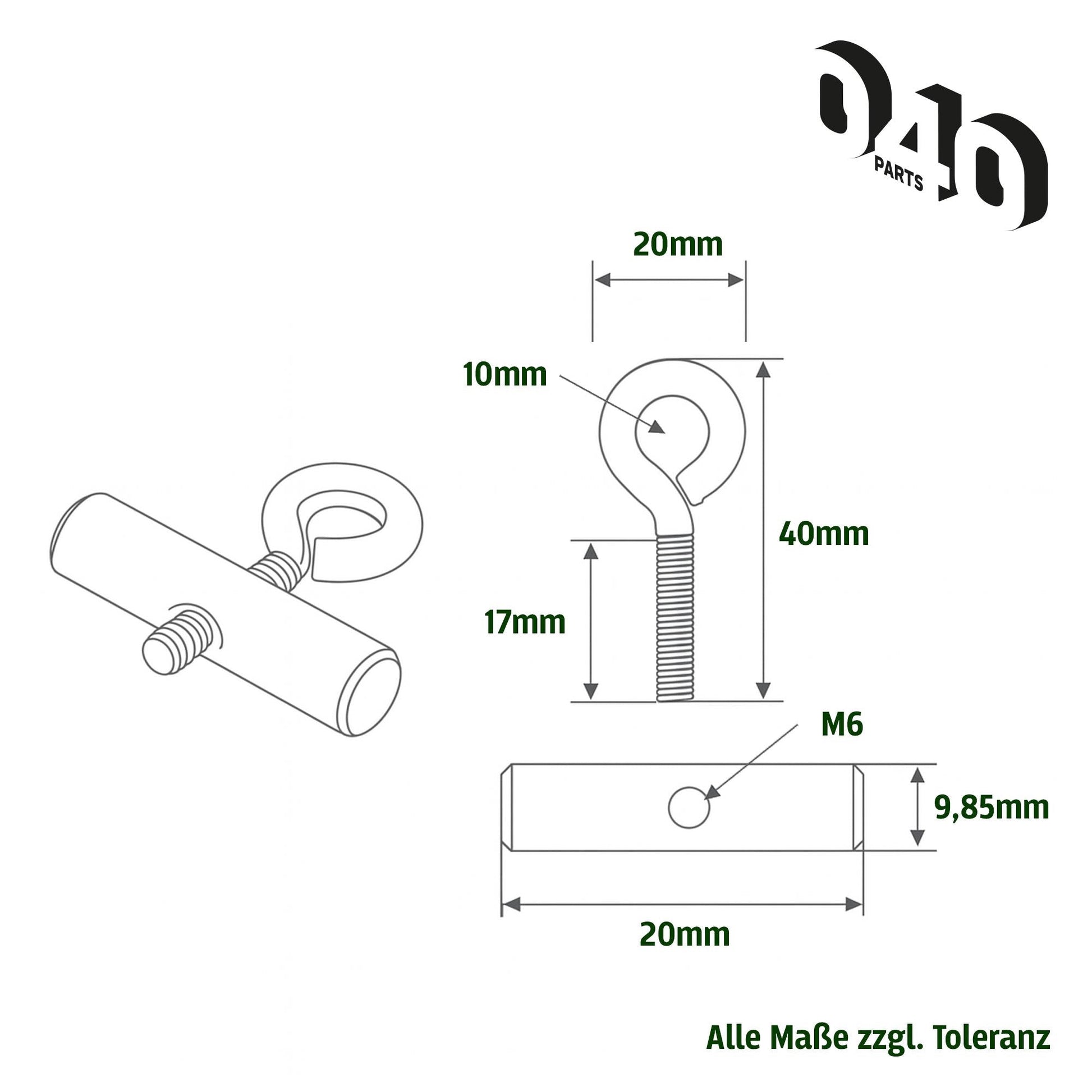 040parts Kederstopper Set 10mm mit Oesenschraube 20mm Breite M6 Gewinde Kederstein für Markisen Wohnmobil Caravan Van - 040parts - 4260715847871