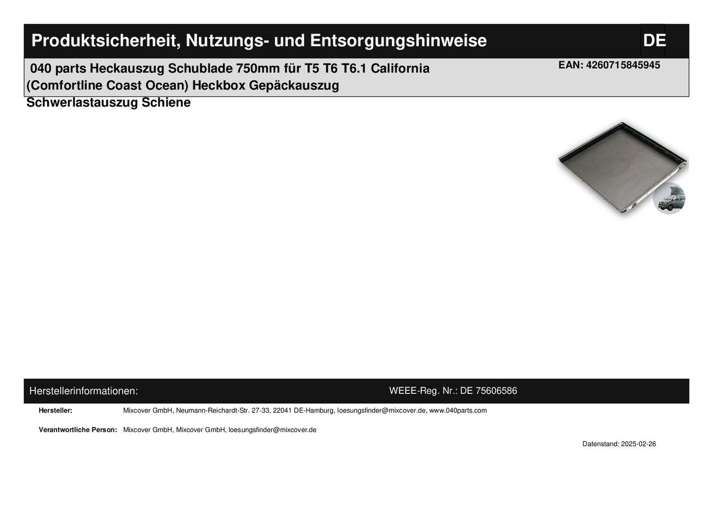 B - Ware: 040 parts classic Heckauszug Schublade 750mm für T5 T6 T6.1 California (Comfortline Coast Ocean) Heckbox Gepäckauszug Schwerlastauszug Schie