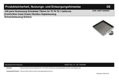 B - Ware: 040 parts classic Heckauszug Schublade 750mm für T5 T6 T6.1 California (Comfortline Coast Ocean) Heckbox Gepäckauszug Schwerlastauszug Schie - 040parts - 4260715848137