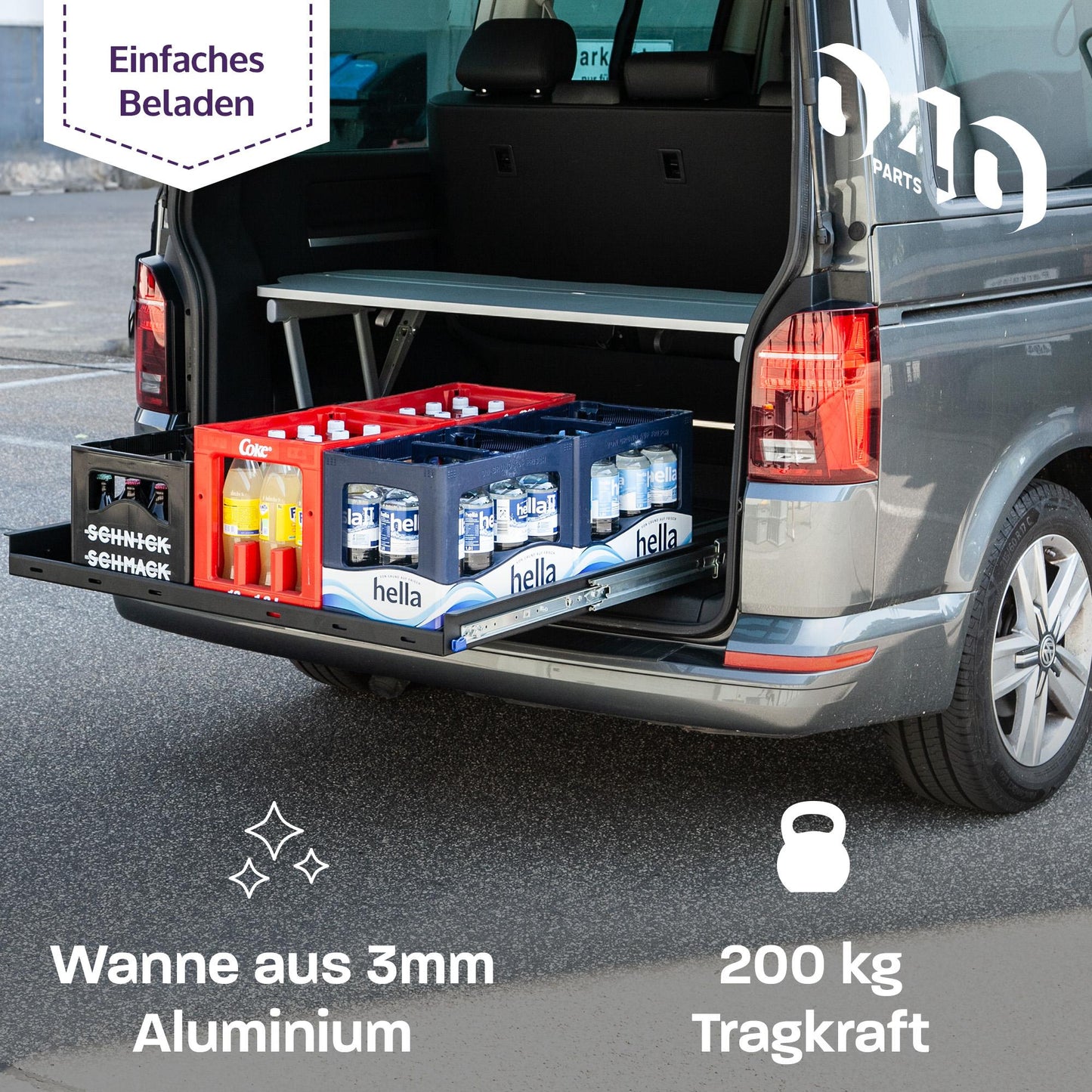 B - Ware: 040 parts classic Heckauszug Schublade 800mm für T5 T6 T6.1 California Beach oder für Multivans Heckbox Gepäckauszug Schwerlastauszug Schien