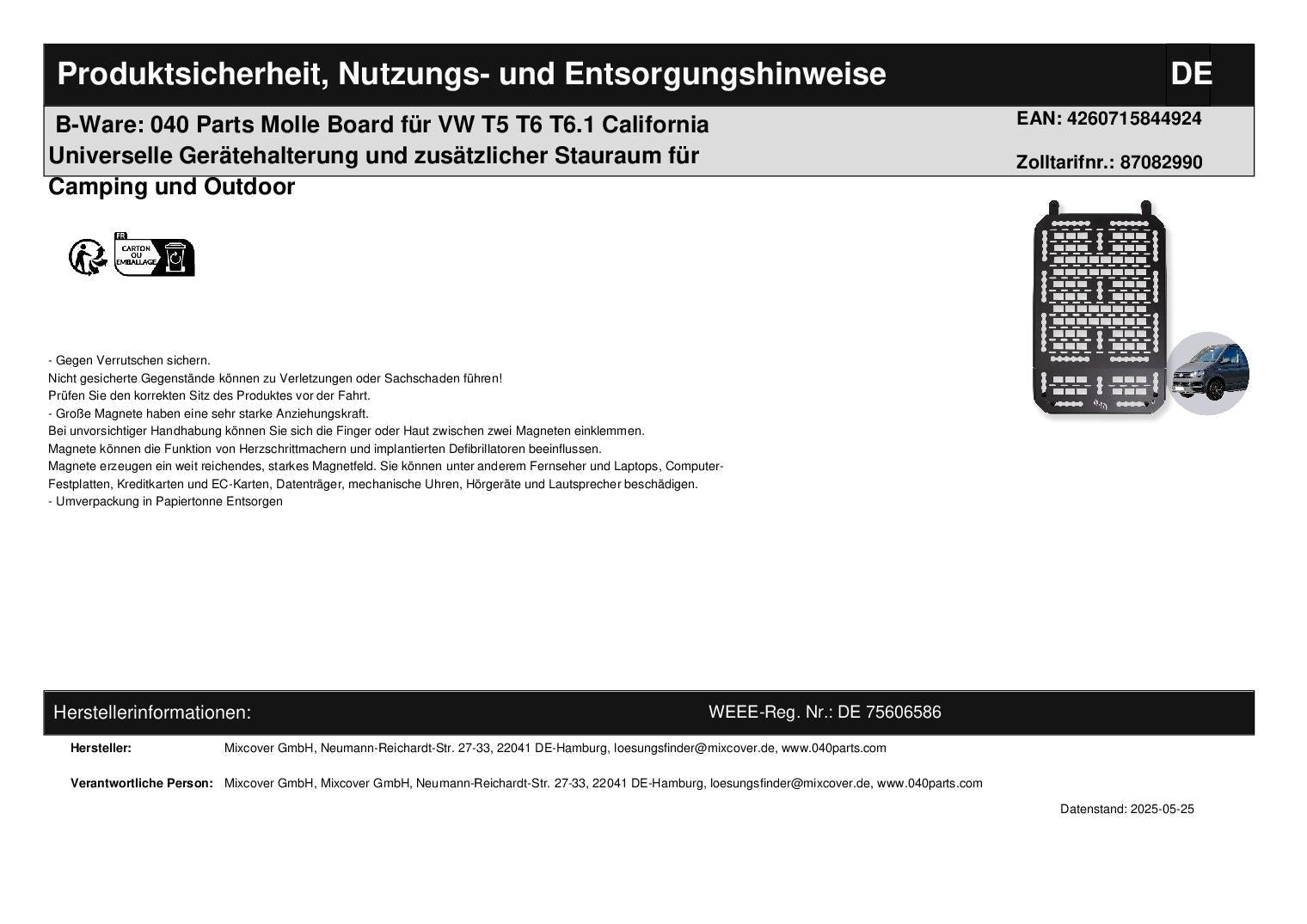 B - Ware: 040 Parts Molle Board für VW T5 T6 T6.1 California Universelle Gerätehalterung und zusätzlicher Stauraum für Camping und Outdoor