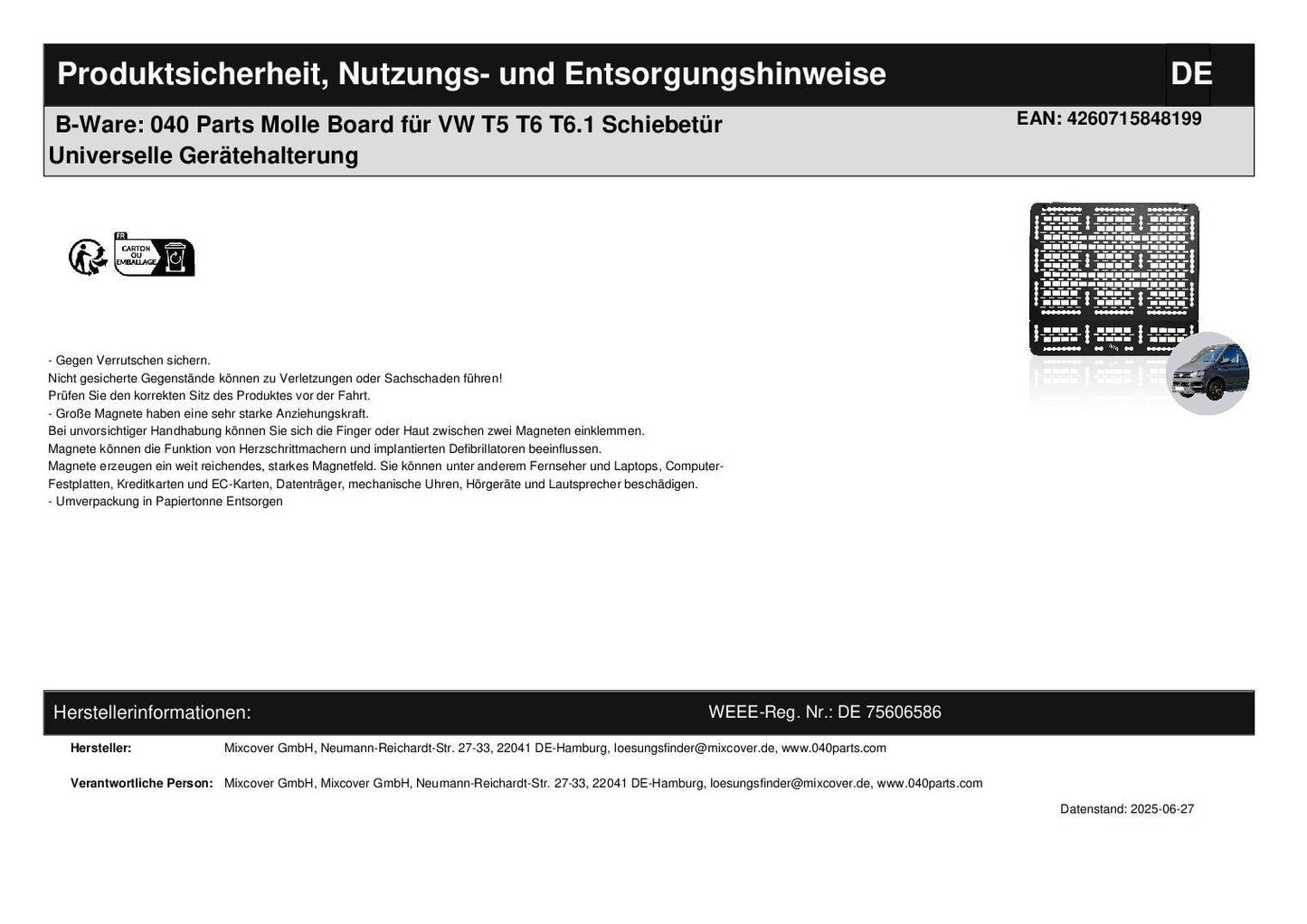 B - Ware: 040 Parts Molle Board für VW T5 T6 T6.1 Mercedes Marco Polo Ford Tourneo Custom Nugget und viele weitere - 040parts - 4260715848199