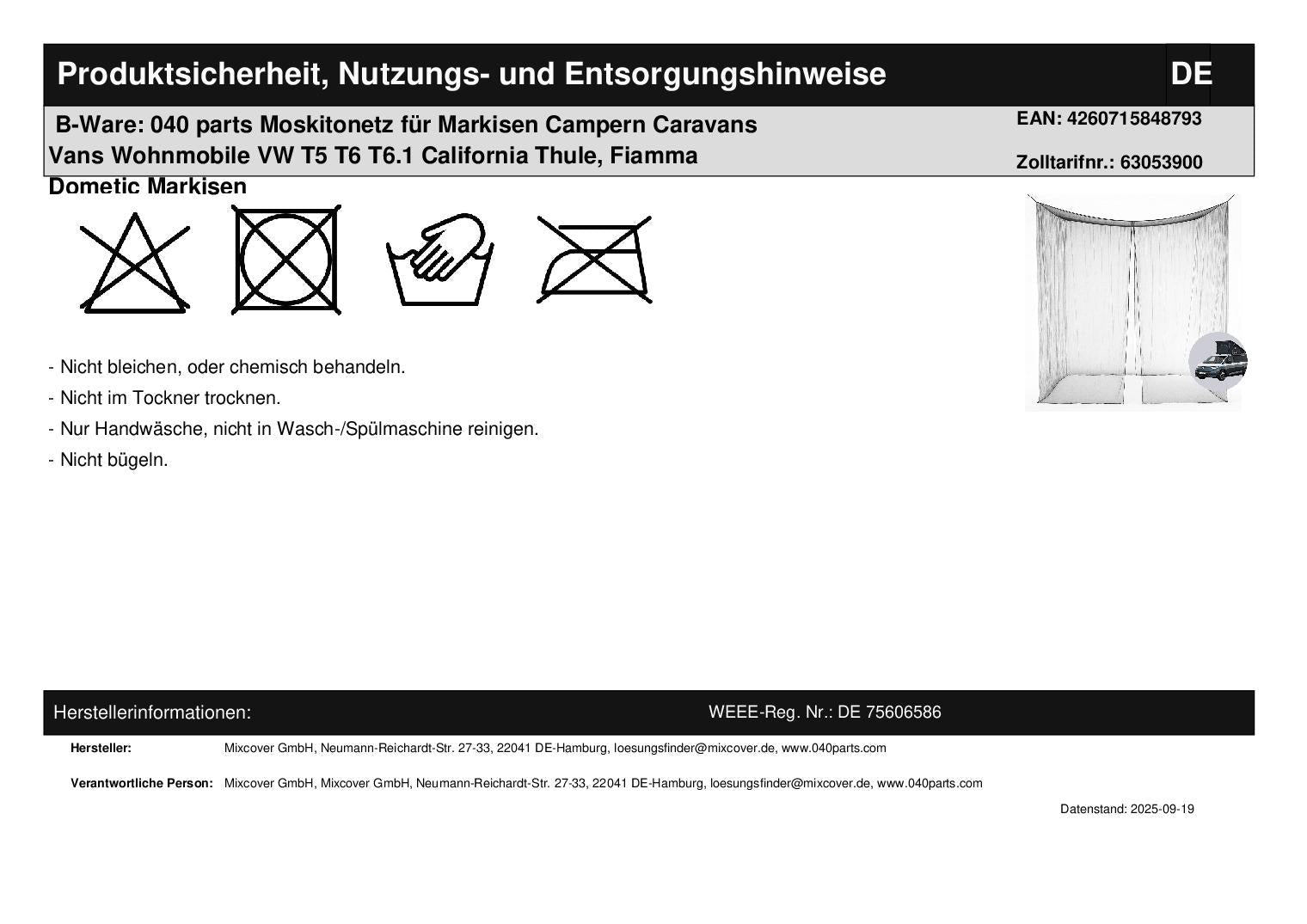B - Ware: 040 parts Moskitonetz für Markisen Campern Caravans Vans Wohnmobile VW T5 T6 T6.1 California Thule, Fiamma Dometic Markisen