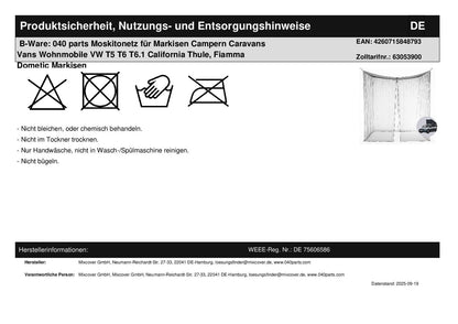 B - Ware: 040 parts Moskitonetz für Markisen Campern Caravans Vans Wohnmobile VW T5 T6 T6.1 California Thule, Fiamma Dometic Markisen