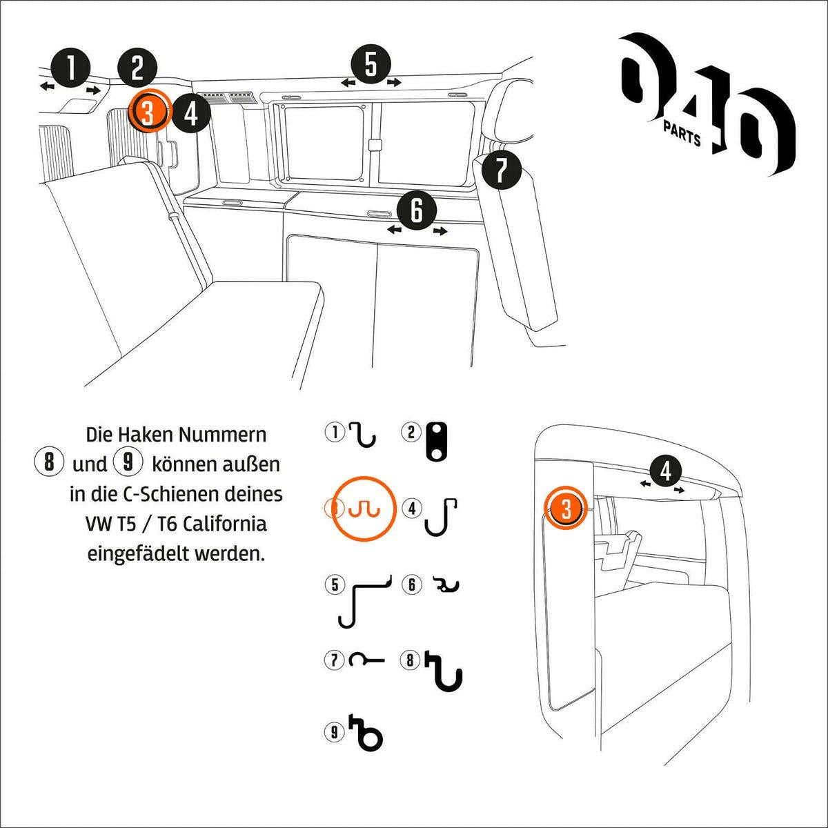 040 Parts Einzelhaken Nr. 3 für VW California T5 T6 T6.1 T7 Camper - Ersatzhaken Zubehör Handtuch Schranktür Kleiderschrank