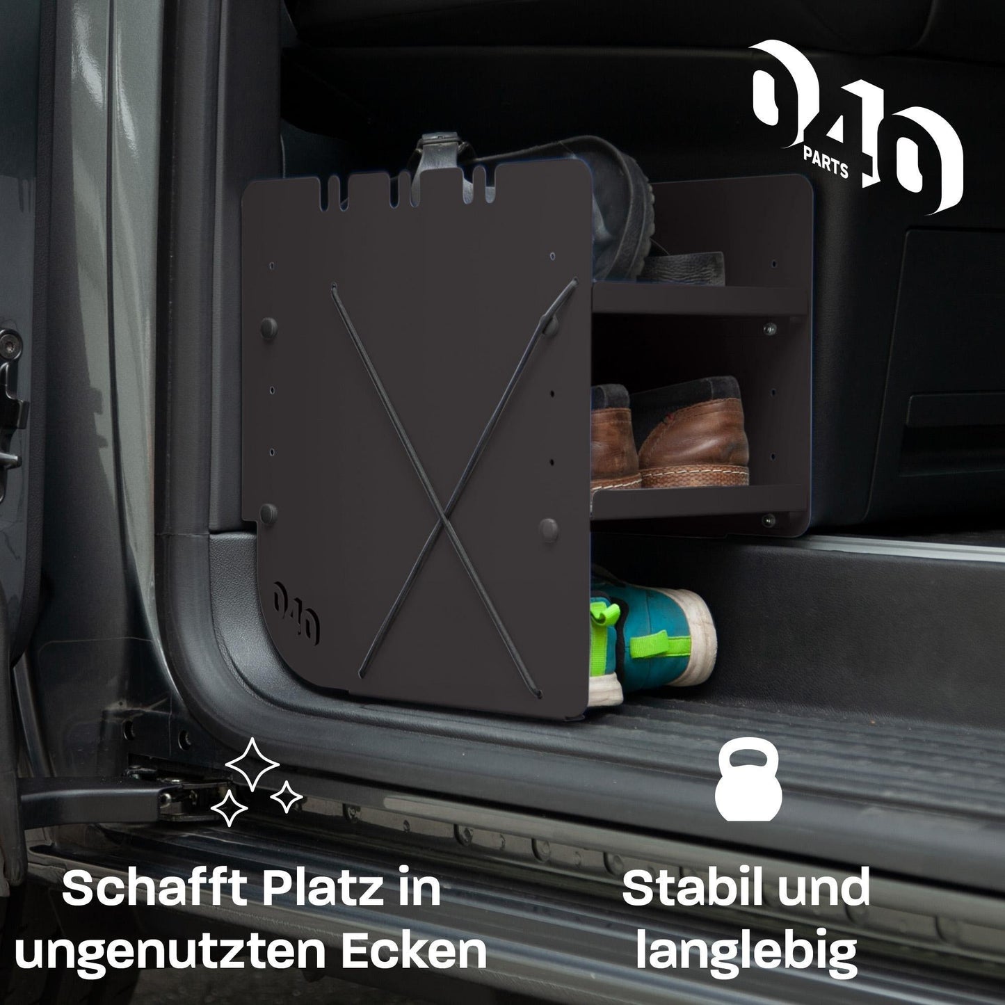 040 Parts Schuhregal-Set SCHWARZ: Fahrer- und Beifahrerseite doppelter Stauraum auf beiden Seiten