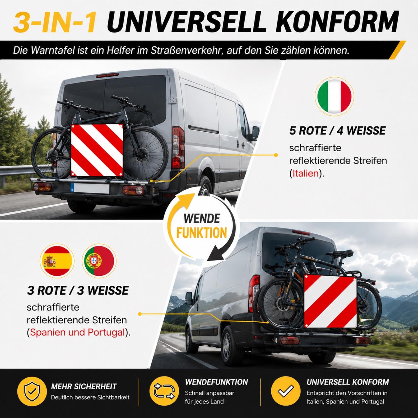 040 Parts Alu Warntafel 50x50cm 3 in 1 für Italien Spanien Portugal Warnschild reflektierend Sonderlastzeichen