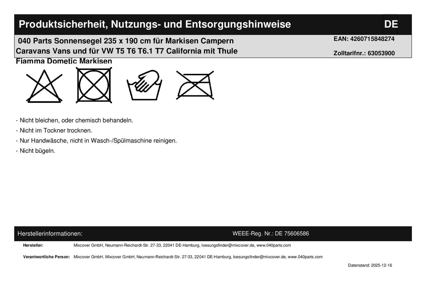 040 Parts Sonnensegel 235 x 190 cm für Markisen Campern Caravans Vans und für VW T5 T6 T6.1 T7 California mit Thule Fiamma Dometic Markisen