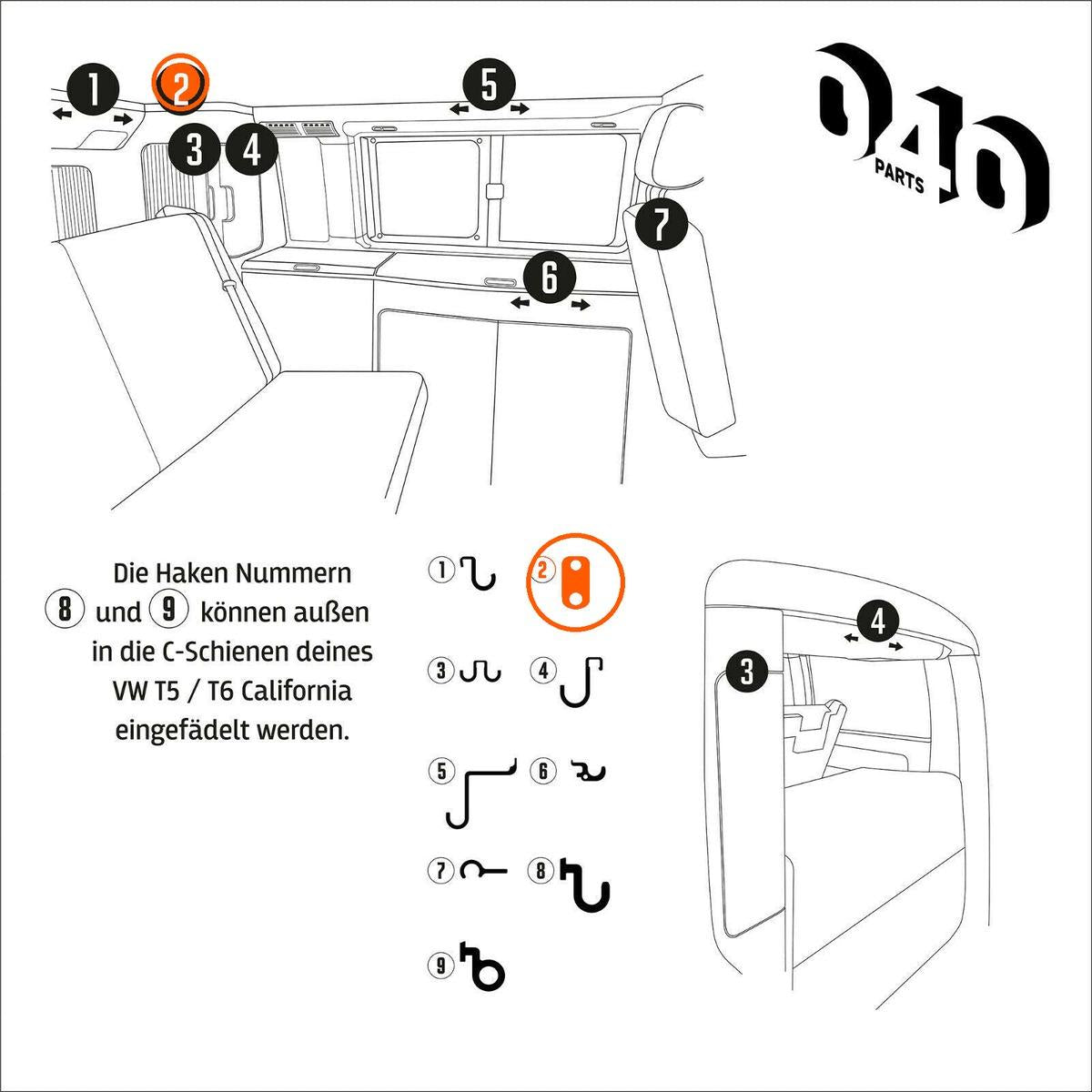 040 Parts Einzelhaken Nr. 2 für VW California T5 T6 T6.1 Camper - Ersatzhaken Zubehör Sonnenbrille Schlüssel Schrankkante