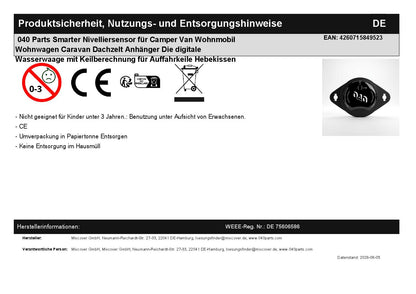 040 Parts Smarter Nivelliersensor für Camper Van Wohnmobil Wohnwagen Caravan Dachzelt Anhänger Die digitale Wasserwaage mit Keilberechnung für Auffahrkeile Hebekissen