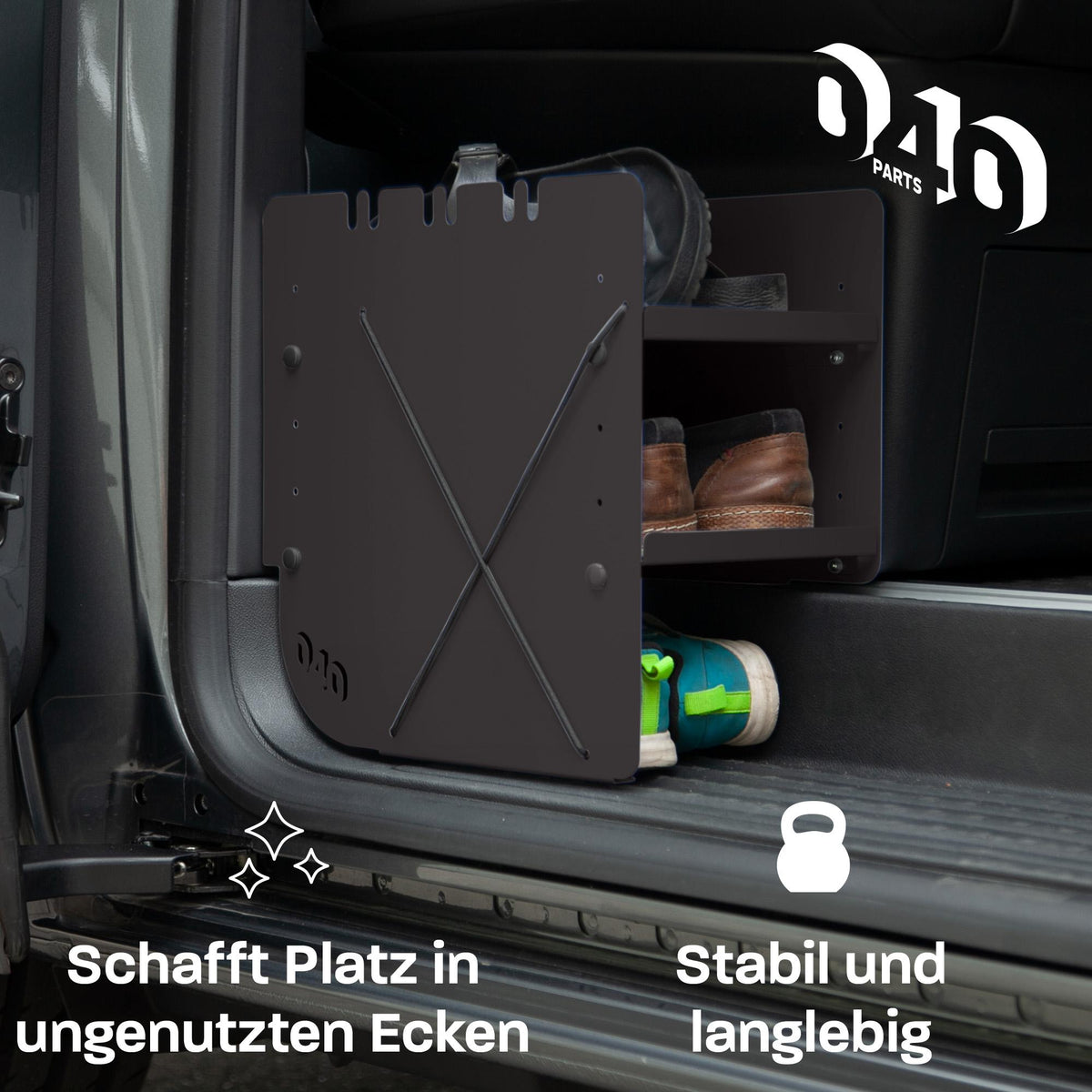 B-Ware: 040 Parts Regál na topánky ČIERNA STRANA SPOLUJAZDCA Príslušenstvo vhodné pre VW T5 T6 T6.1 Organizér topánok Taška na topánky