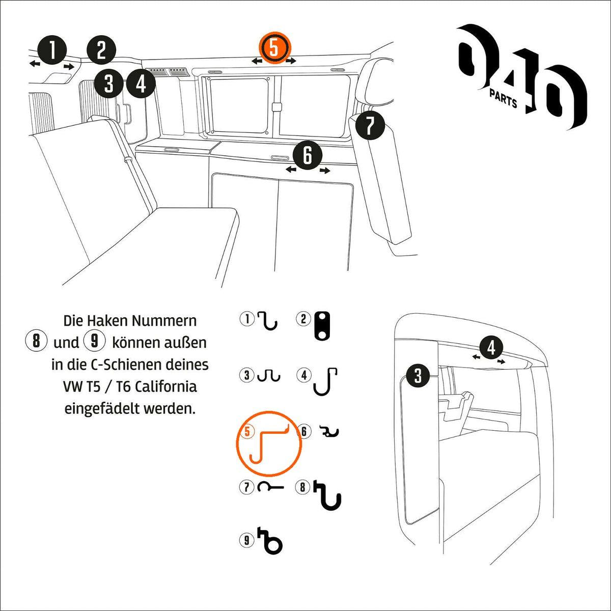 040 Parts Einzelhaken Nr. 5 für VW California T5 T6 T6.1 Camper - Ersatzhaken Zubehör Dachschrank Lampe Lautsprecher