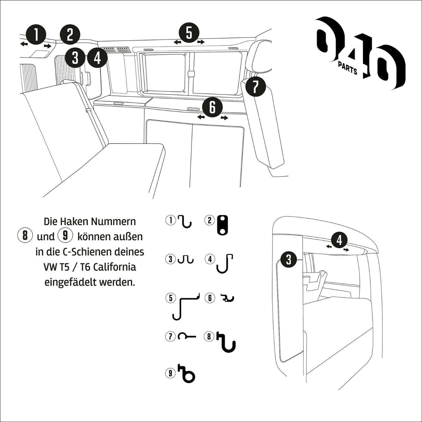 040Parts 10-elementowy zestaw haczyków pasujący do VW California T5 T6 T6.1 Bulli Camper Ocean Coast