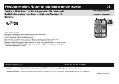 040 Parts Molle Board für Ford Nugget ab 2024 Universelle Gerätehalterung tool board und zusätzlicher Stauraum für Camping