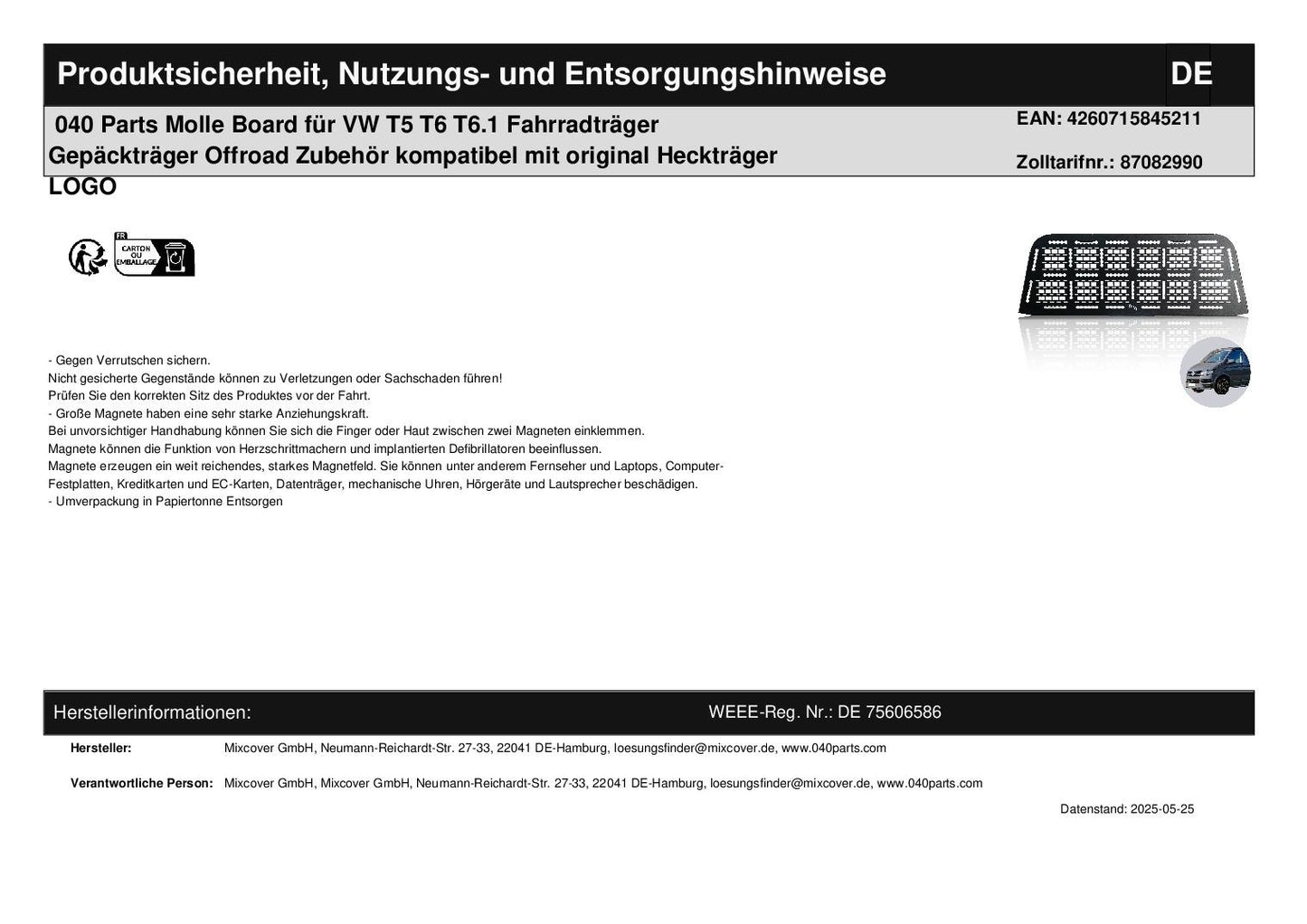 040 Parts Molle Board für VW T5 T6 T6.1 Fahrradträger Gepäckträger Offroad Zubehör kompatibel mit original Heckträger LOGO