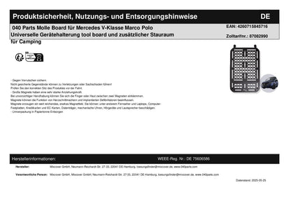 040 Parts Molle Board für Mercedes V-Klasse Marco Polo Universelle Gerätehalterung tool board und zusätzlicher Stauraum für Camping