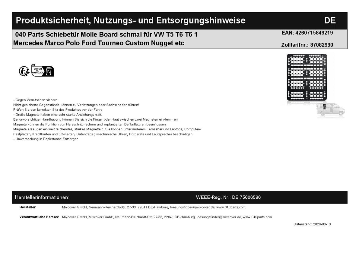 040 Parts Schiebetür Molle Board schmal per VW T5 T6 T6 1 Mercedes Marco Polo Ford Tourneo Custom Nugget etc