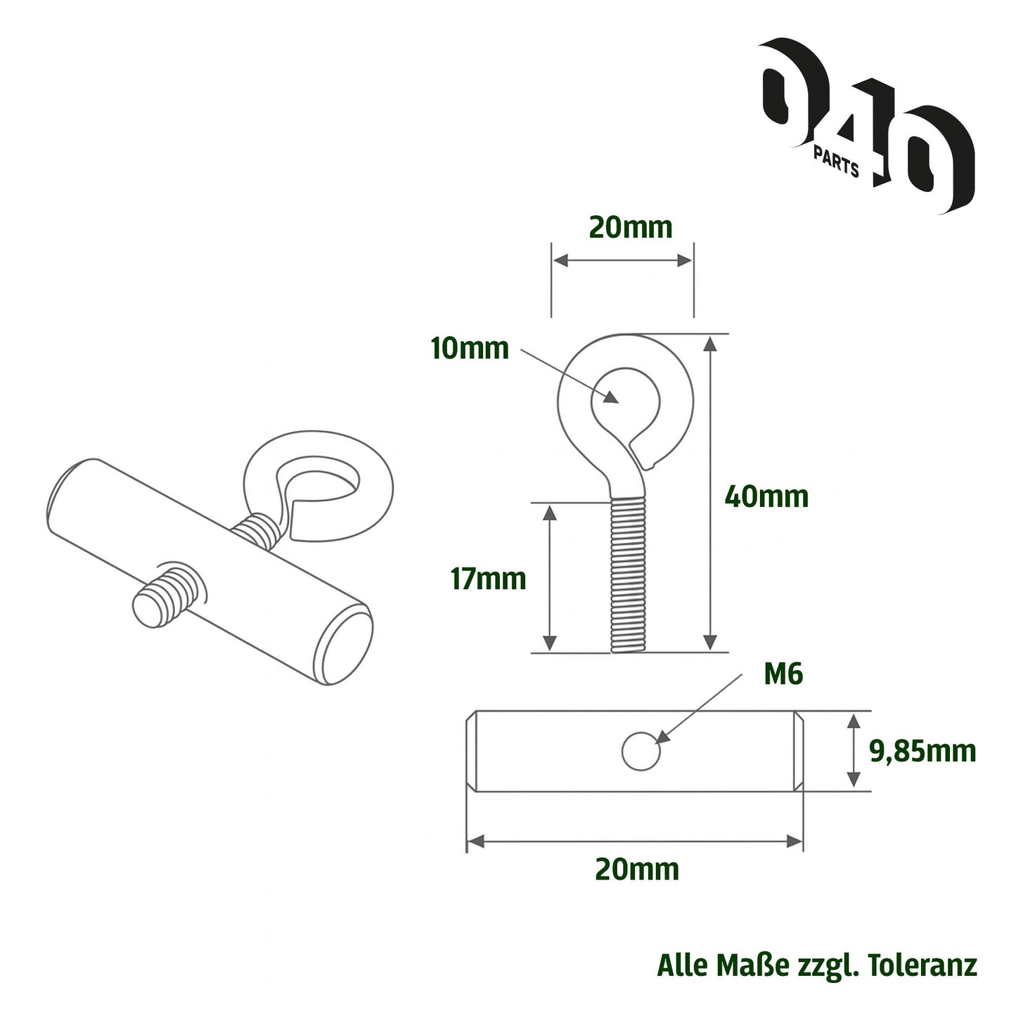 040parts Kederstopper Set 10mm mit Oesenschraube 20mm Breite M6 Gewinde Kederstein für Markisen Wohnmobil Caravan Van