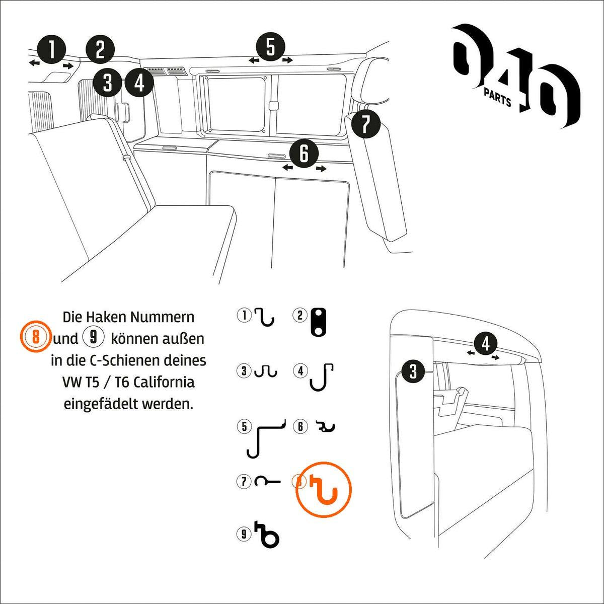 040 Parts Einzelhaken Nr. 8 für VW California T5 T6 T6.1 T7 Camper - Ersatzhaken Zubehör C-Schiene außen Spanngurt wetterfest