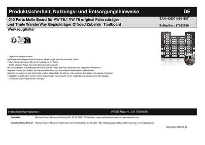 040 Parts Molle Board für VW T6.1 VW T6 original Fahrradträger und Thule WanderWay Gepäckträger Offroad Zubehör Toolboard Werkzeughalter
