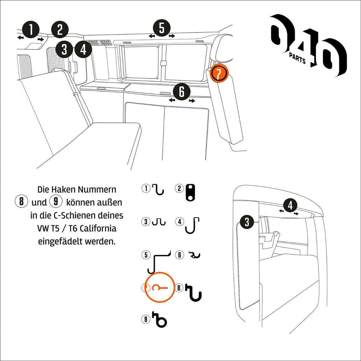 040 Parts Einzelhaken Nr. 7 für VW California T5 T6 T6.1 T7 Camper - Ersatzhaken Zubehör Haltegriff Handtuch Geschirrtuch